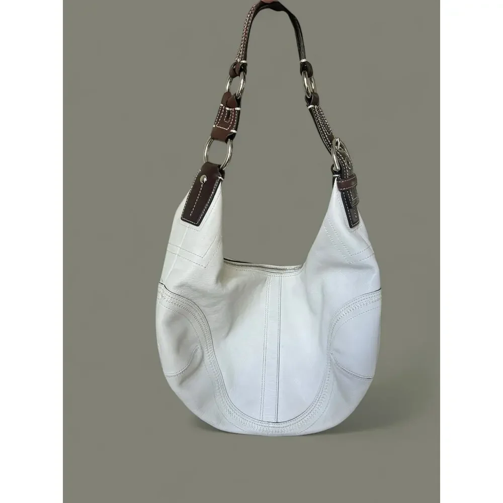 Coach White Leather Hobo Shoulder Bag with Dark Brown Strap
